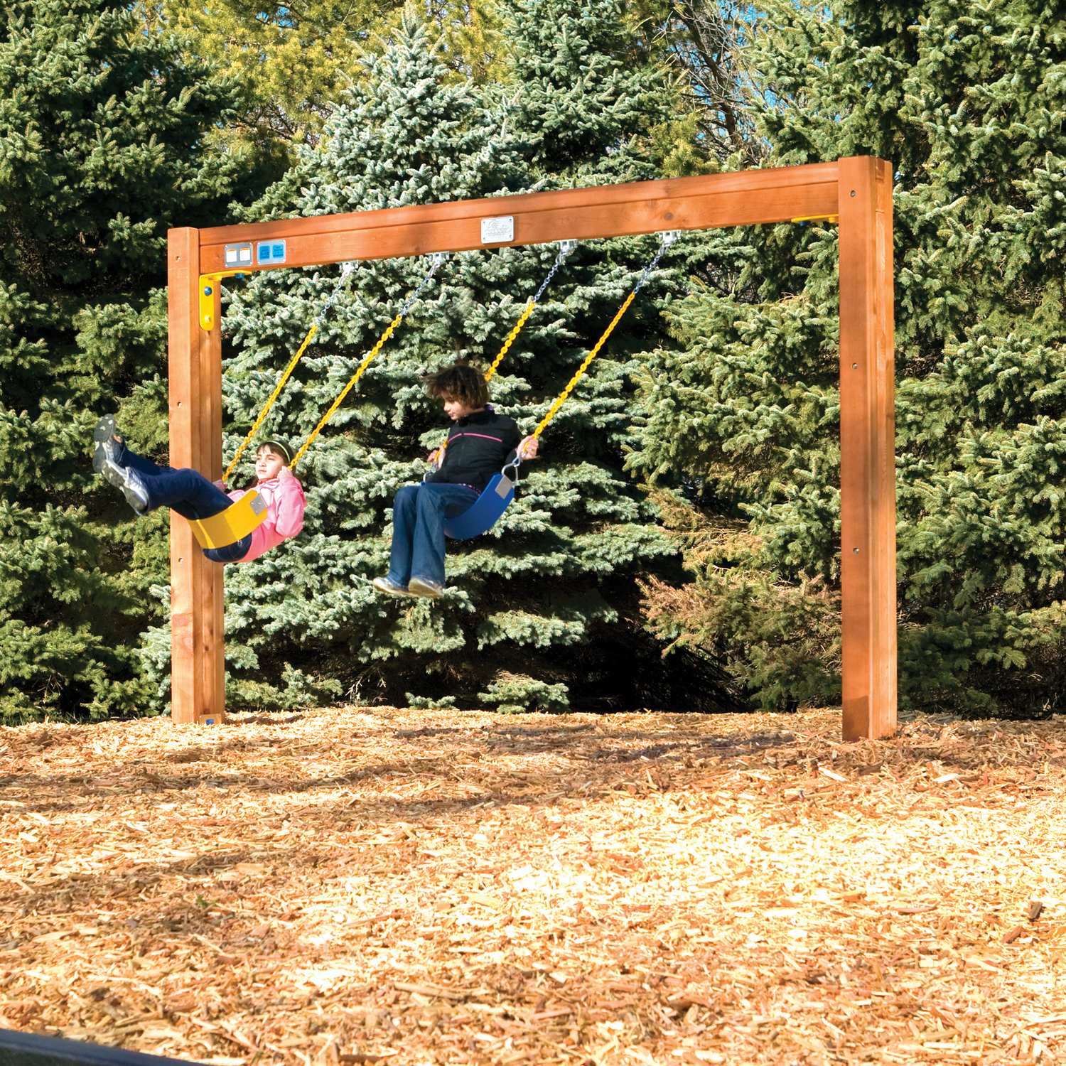 Rainbow Play Village In-Ground Commercial Swing Beam C60 with two belt swings, premium cedar construction, commercial-grade hardware, and permanent in-ground installation for schools, churches, parks, campgrounds, and community playgrounds
