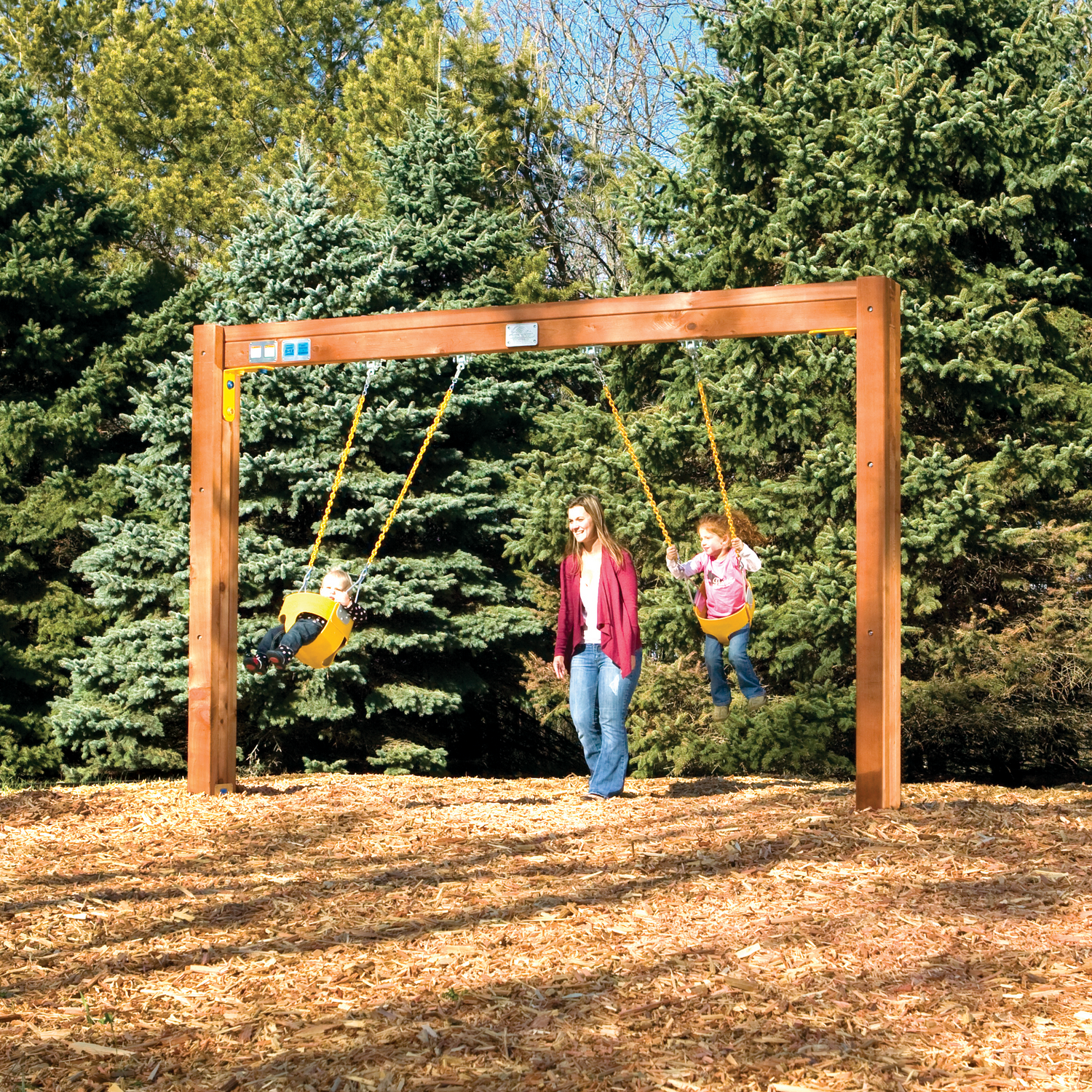 Rainbow Play Village In-Ground Commercial Toddler Swing Beam C61 featuring two commercial bucket toddler swings with heavy-duty cedar swing beam and powder-coated hardware for daycare, preschool, church, and park playgrounds