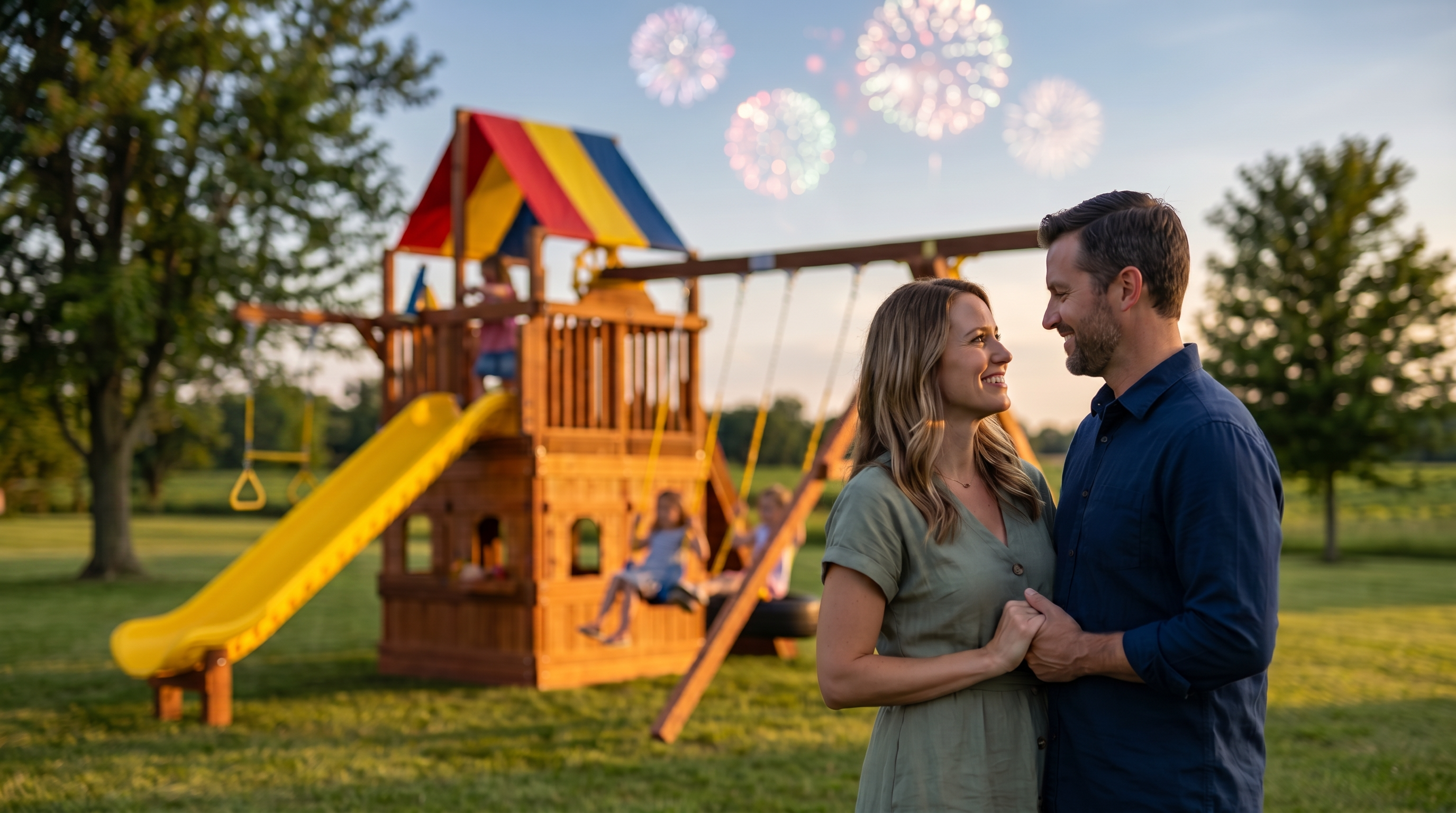 Husband and wife embracing each other on a cool summers day on 4th of july as children play on rainbow clubhouse in backyard with fireworks firing off in the distance.