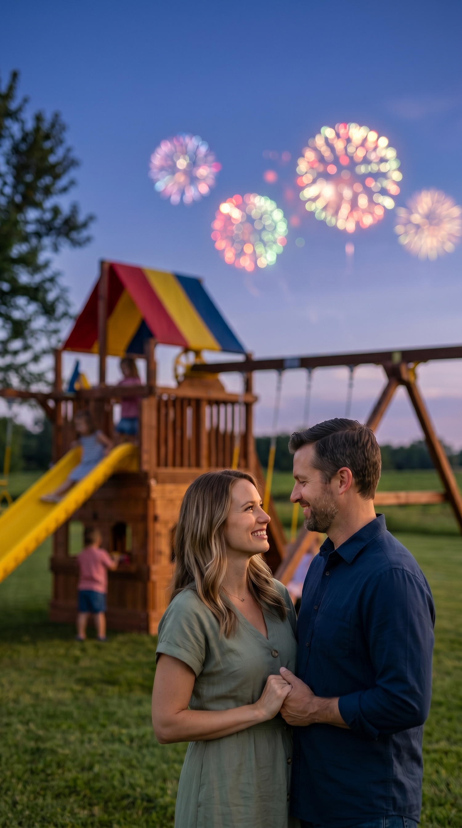 Husband and wife embracing each other on a cool summers day on 4th of july as children play on rainbow clubhouse in backyard with fireworks firing off in the distance.